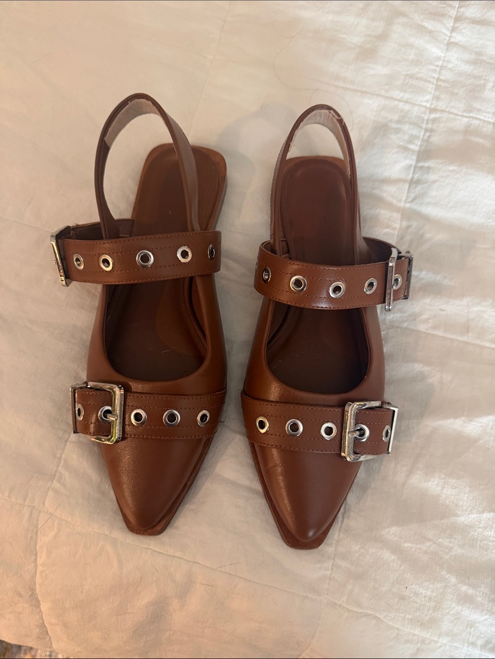 Quince Brown Leather Pointed Slingback Mules with Buckle Straps